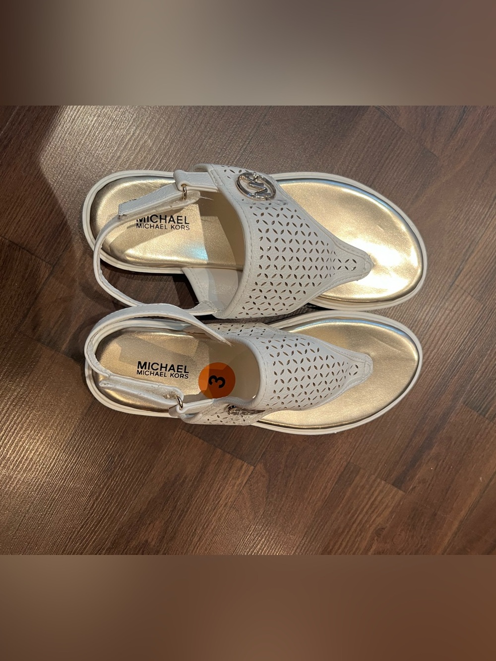 Michael Kors White Perforated Slingback Sandals with Gold Footbed
